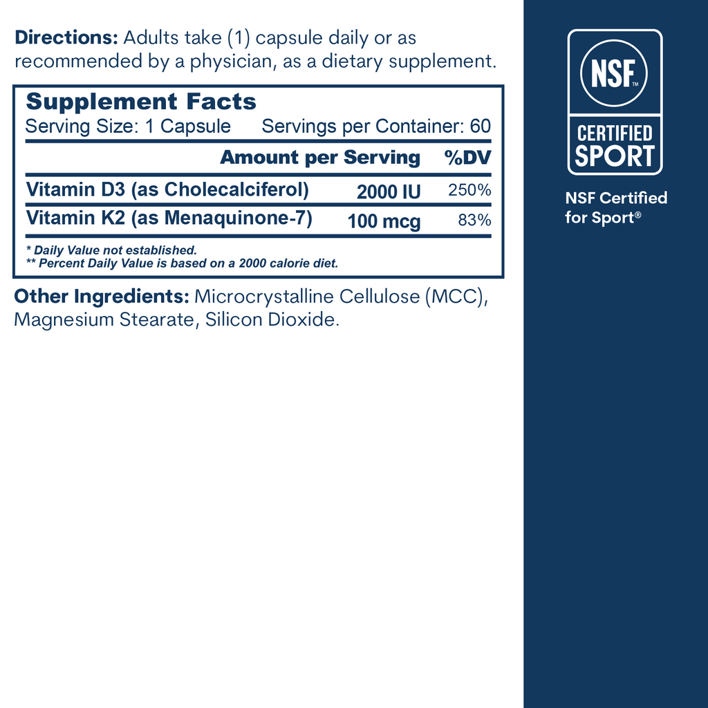 Vitamin D3 2000IU + K2: Bottle (60 Count)